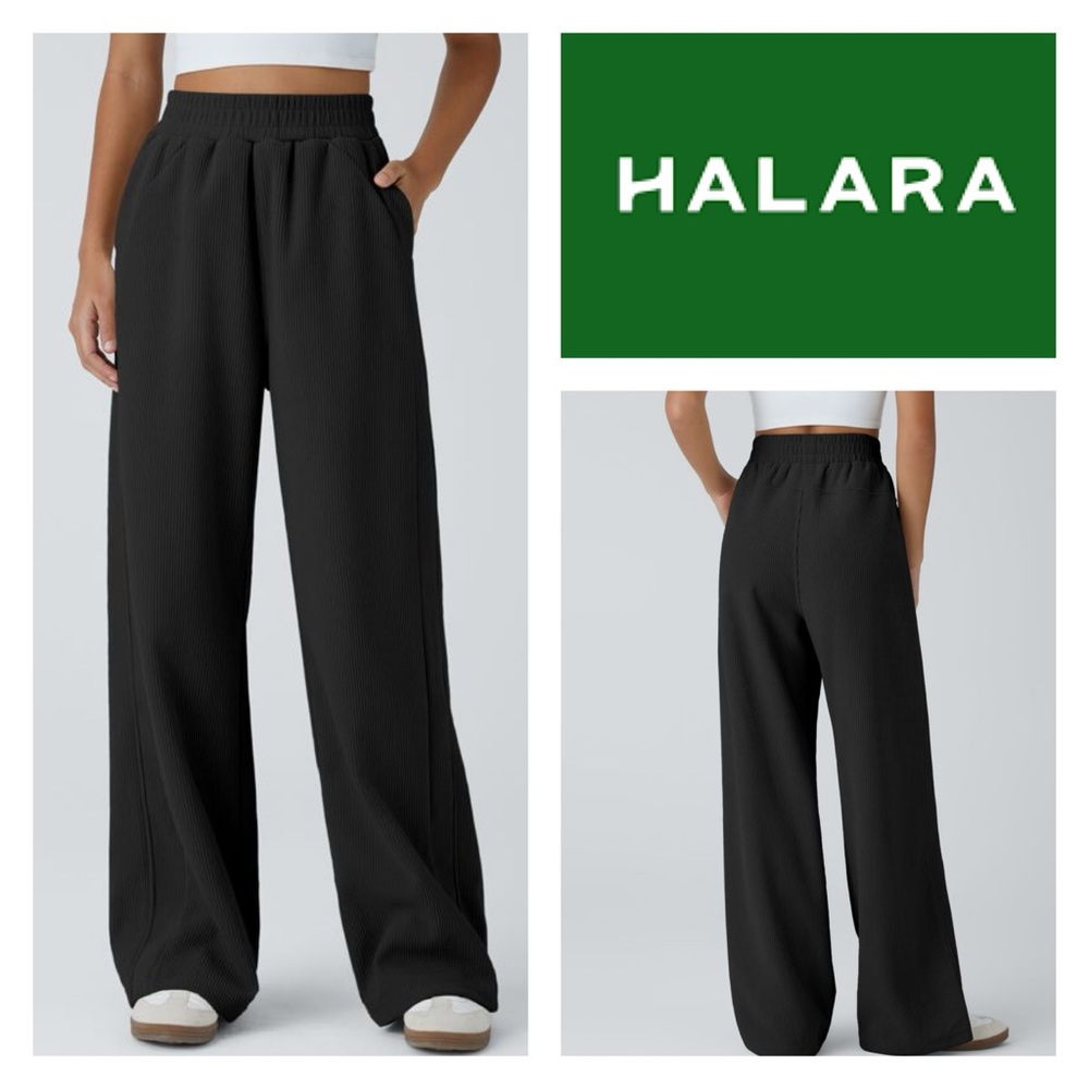 HALARA Black High Waisted Side Pocket Straight Leg Mop Corduroy Casual Pants